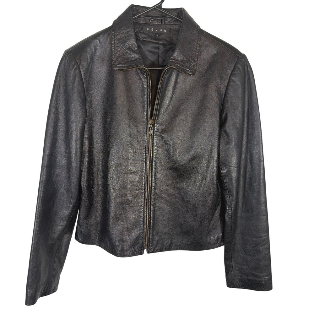 Revue Womens Y2K Vintage Minimalist Matrix Leather Jacket Black Zip Up Size 8